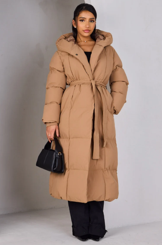 Long down jacket with belt