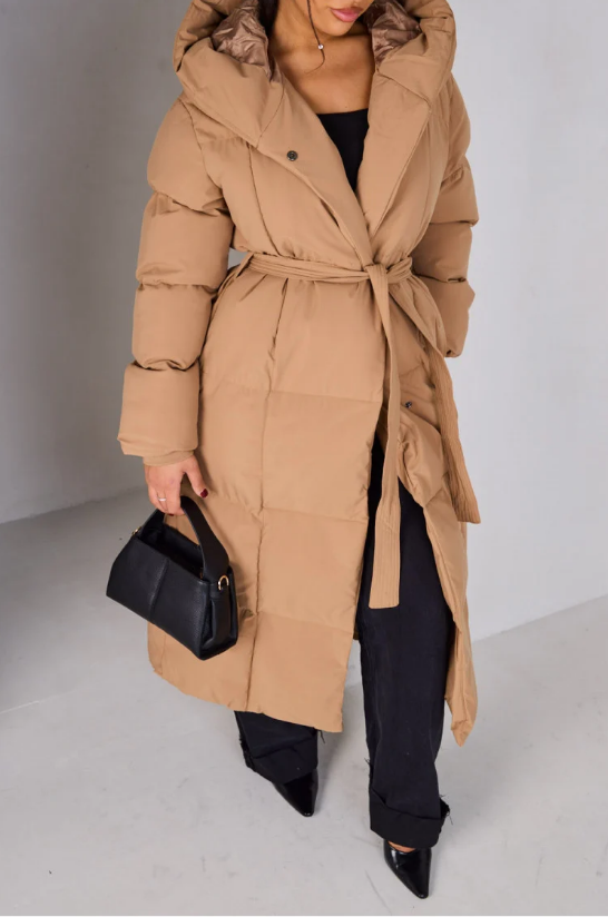 Long down jacket with belt