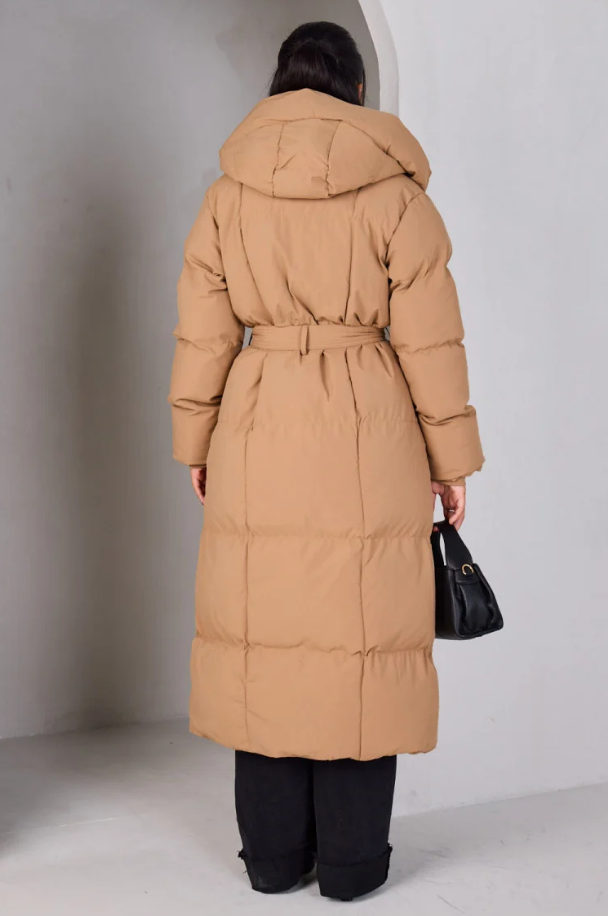 Long down jacket with belt