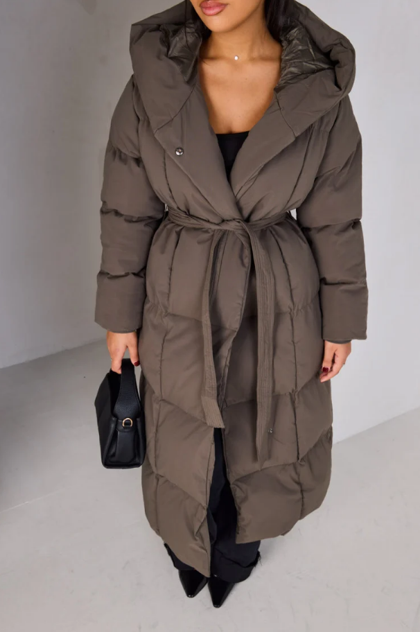 Long down jacket with belt