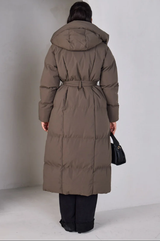 Long down jacket with belt