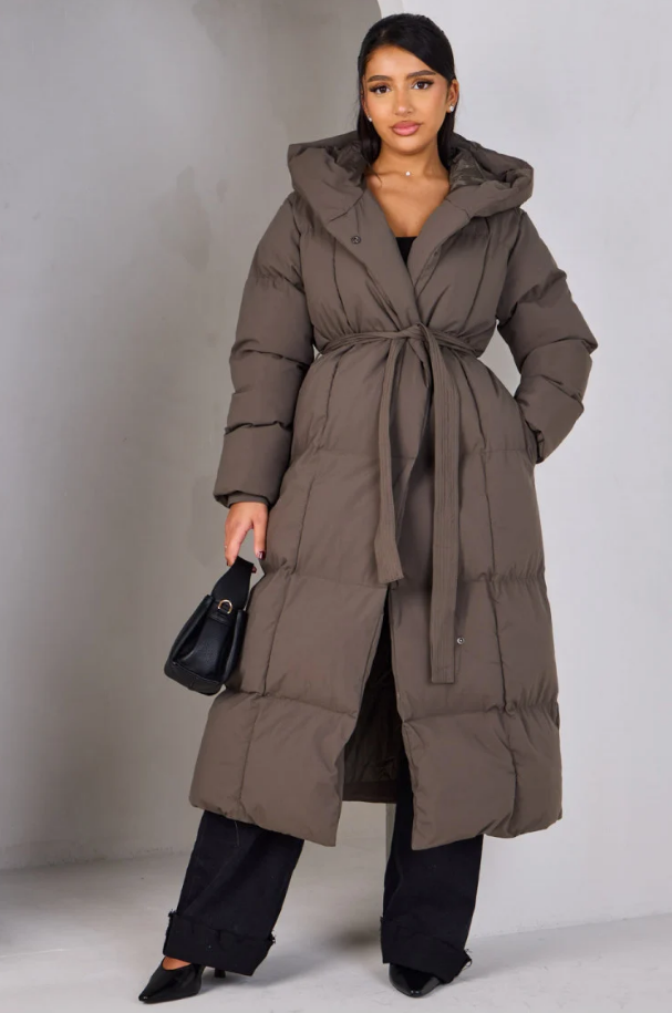 Long down jacket with belt