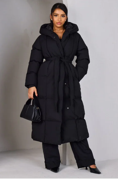 Long down jacket with belt