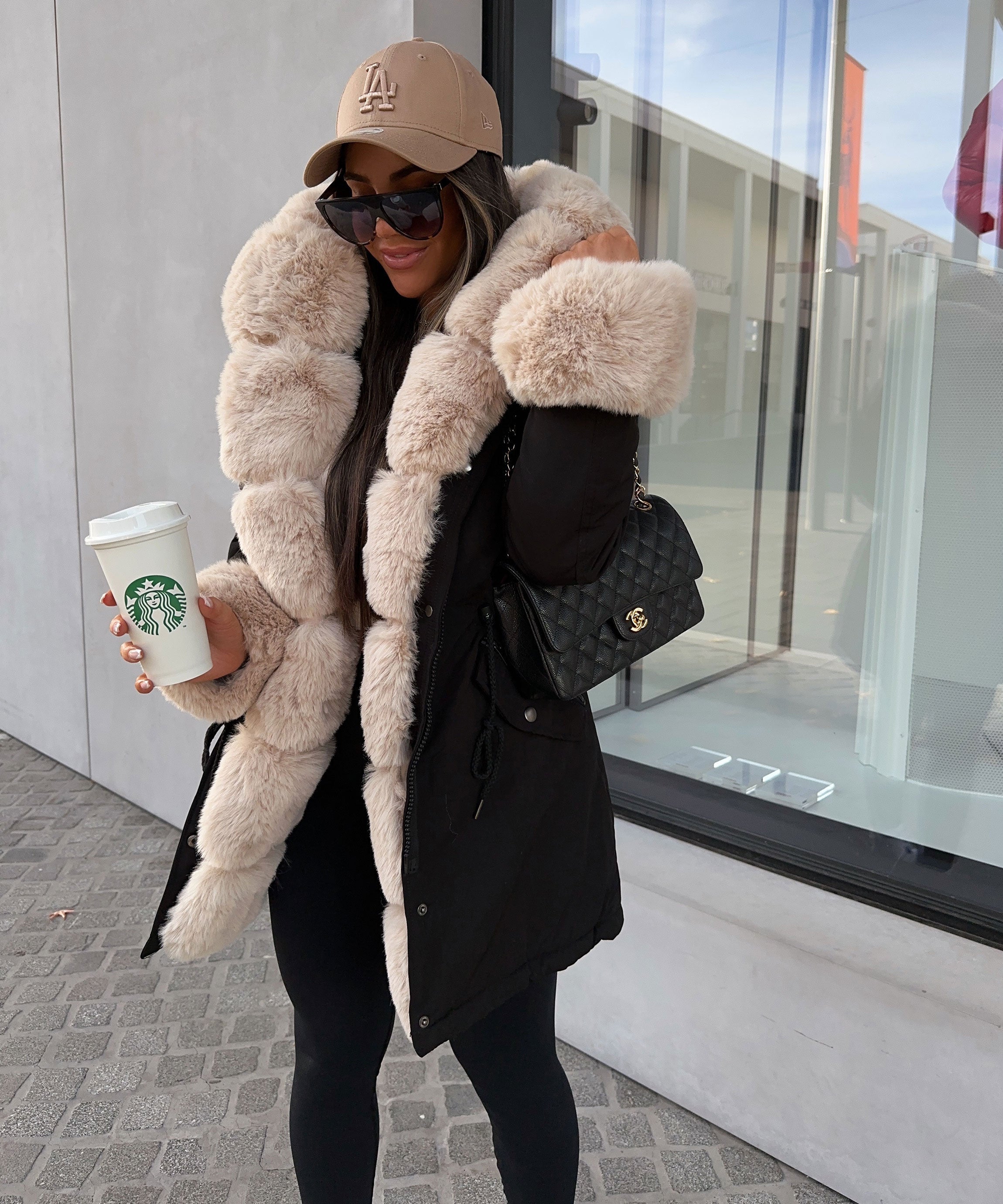 Black/Beige jacket with faux fur Glamor