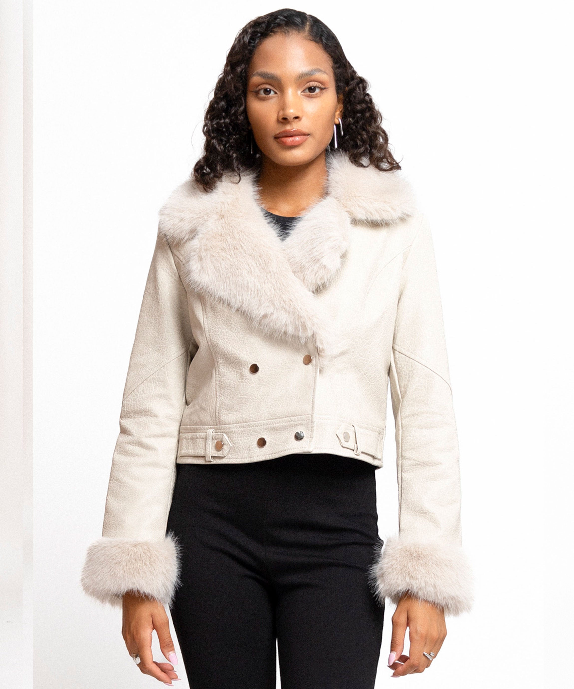 Beige leather jacket with faux fur Velina